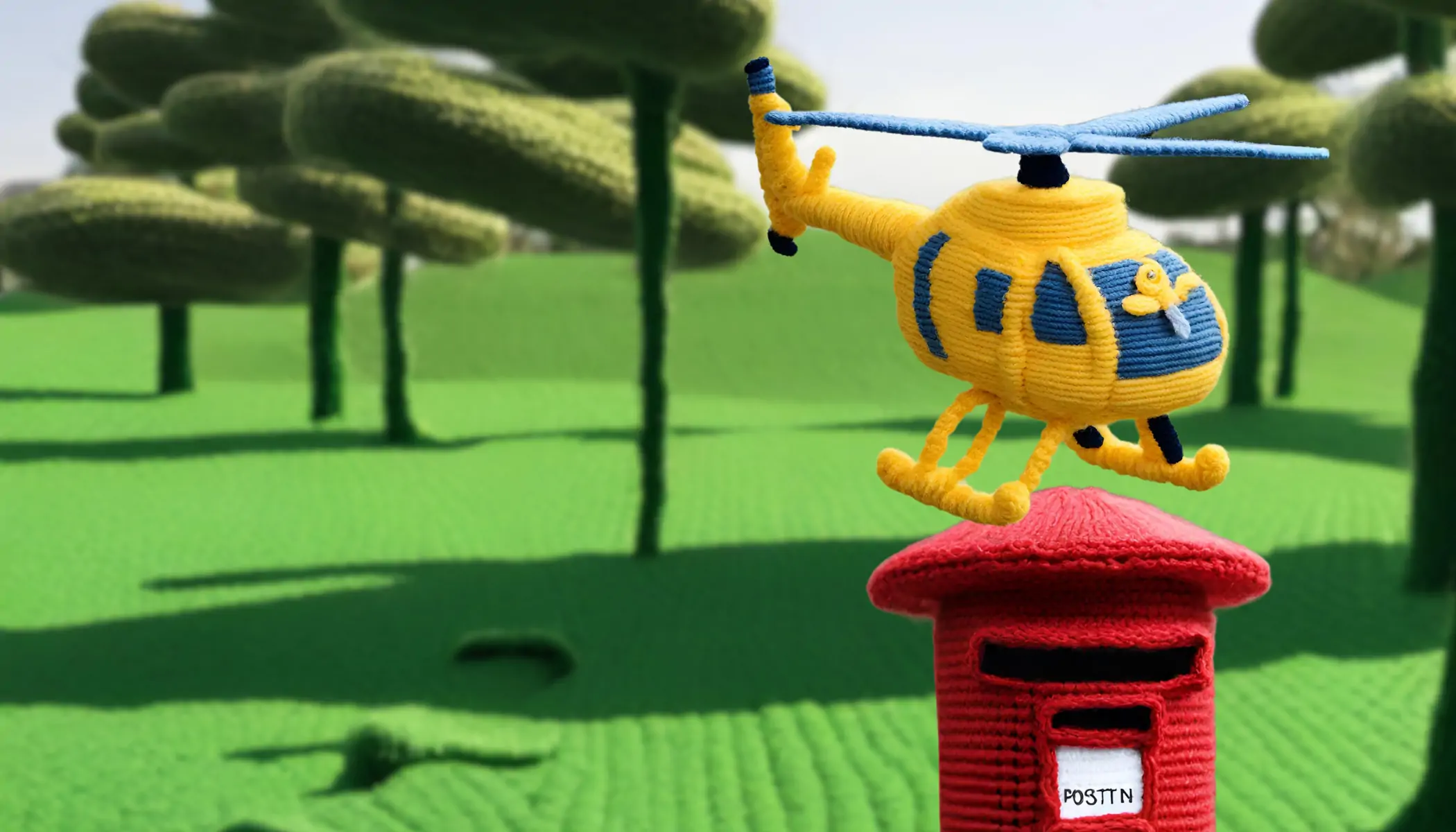 A knit yellow helicopter on knit postbox in a knitted field
